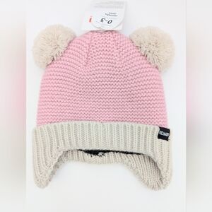 NWT Kombi Baby (0-3 Months) Knit Fleece-Lined Pom-Pom Hat w/Ear Flaps